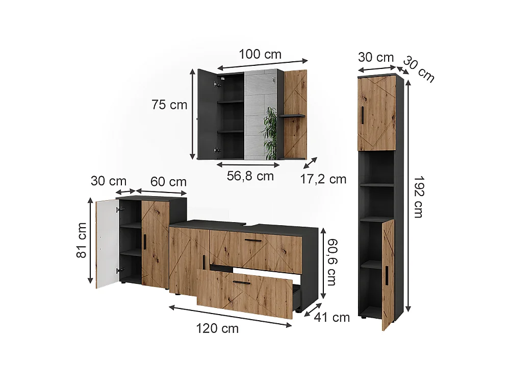 Ensemble de meubles de salle de bains anthracite/chêne de force doré 120.1x41x60.6 irma
