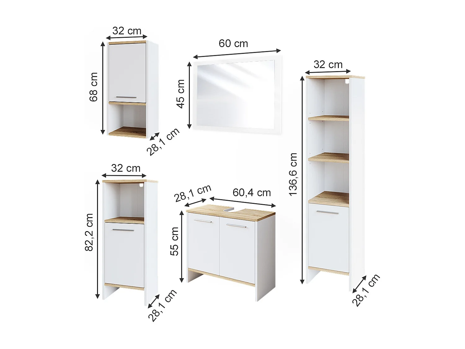 Set mobili bagno bianco 60x28x136 elvio