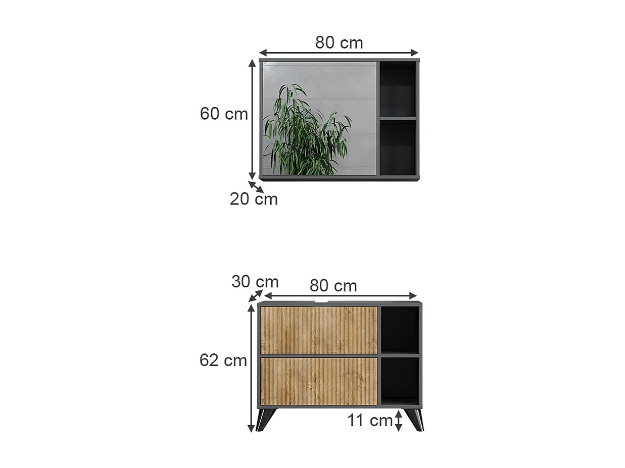 Set di mobili da bagno antracite/quercia di montagna 80x30x62 leano