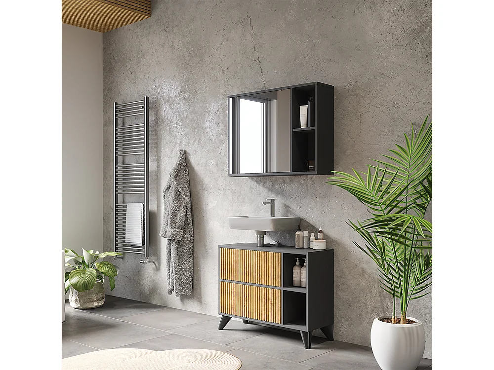 Set di mobili da bagno antracite/quercia di montagna 80x30x62 leano