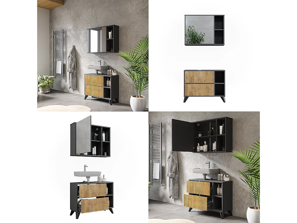 Set di mobili da bagno antracite/quercia di montagna 80x30x62 leano