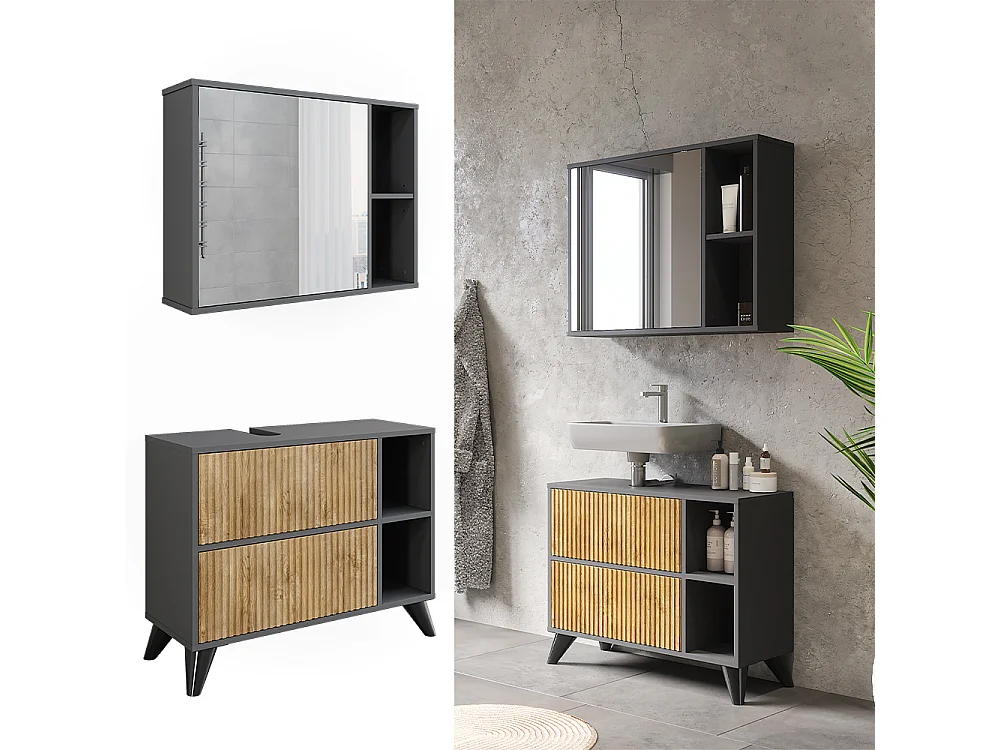 Ensemble de meubles de salle de bains anthracite/chêne de montagne 80x30x62 leano