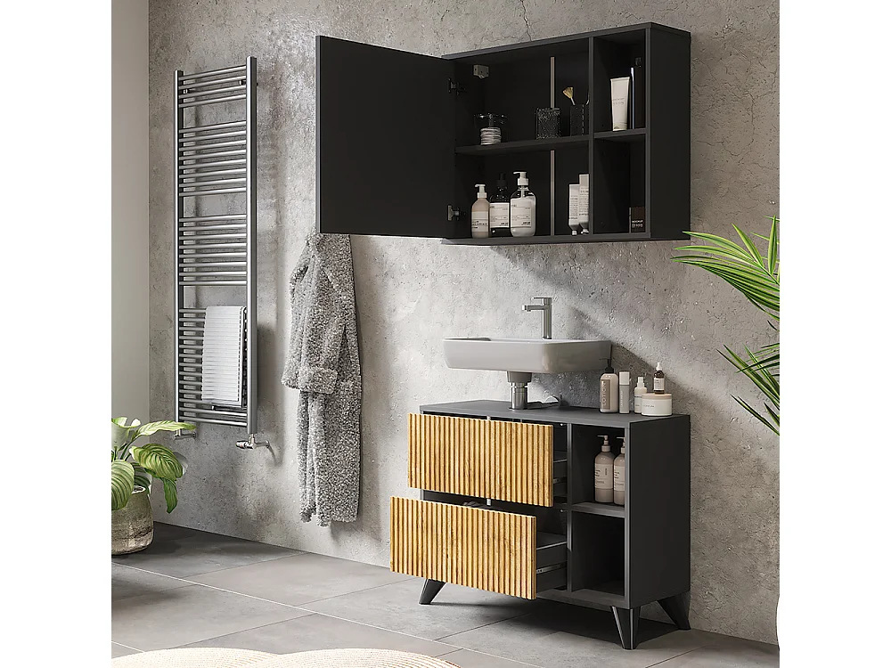 Ensemble de meubles de salle de bains anthracite/chêne de montagne 80x30x62 leano