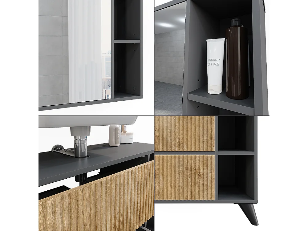 Ensemble de meubles de salle de bains anthracite/chêne de montagne 80x30x62 leano
