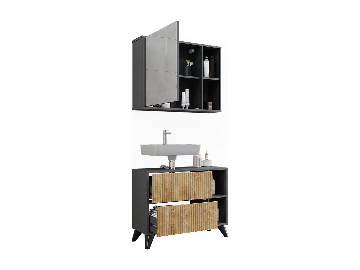 Ensemble de meubles de salle de bains anthracite/chêne de montagne 80x30x62 leano