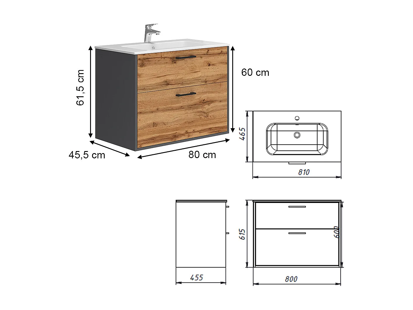 Waschbeckenunterschrank anthrazit/goldkraft eiche 80x45.5x61.5 lanco