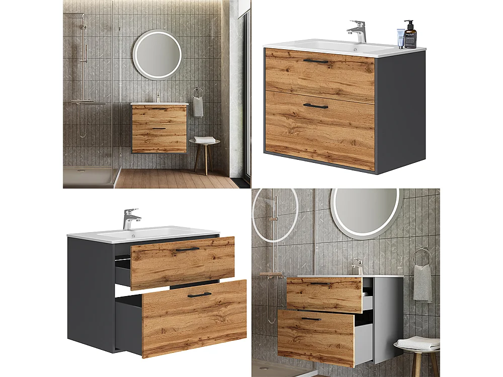 Meubles bain anthracite/chêne doré 80x45.5x61.5 lanco