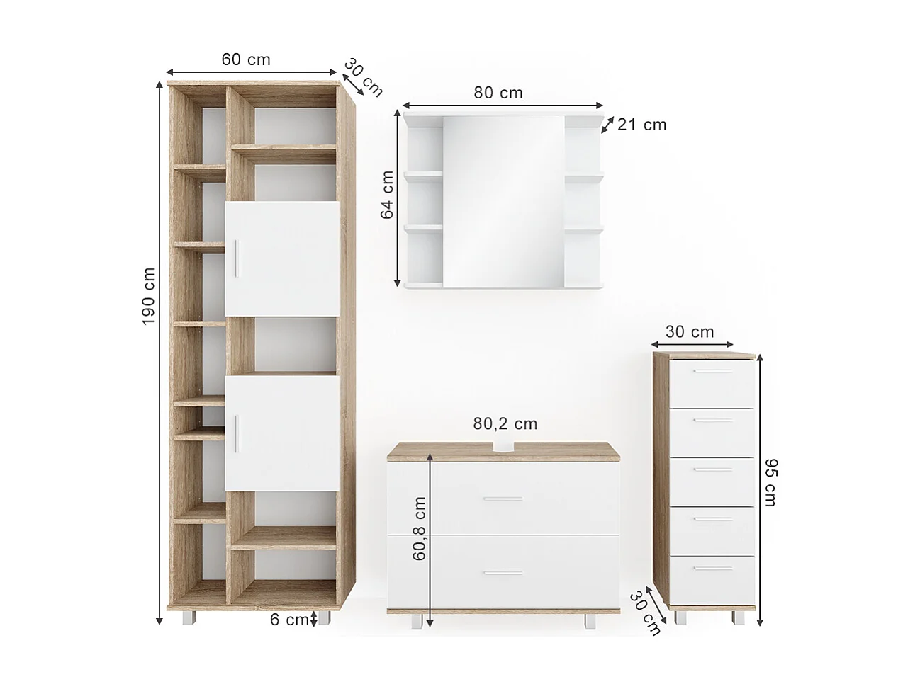 Set mobili bagno bianco/sonoma 80.2x33x60.8 ilias