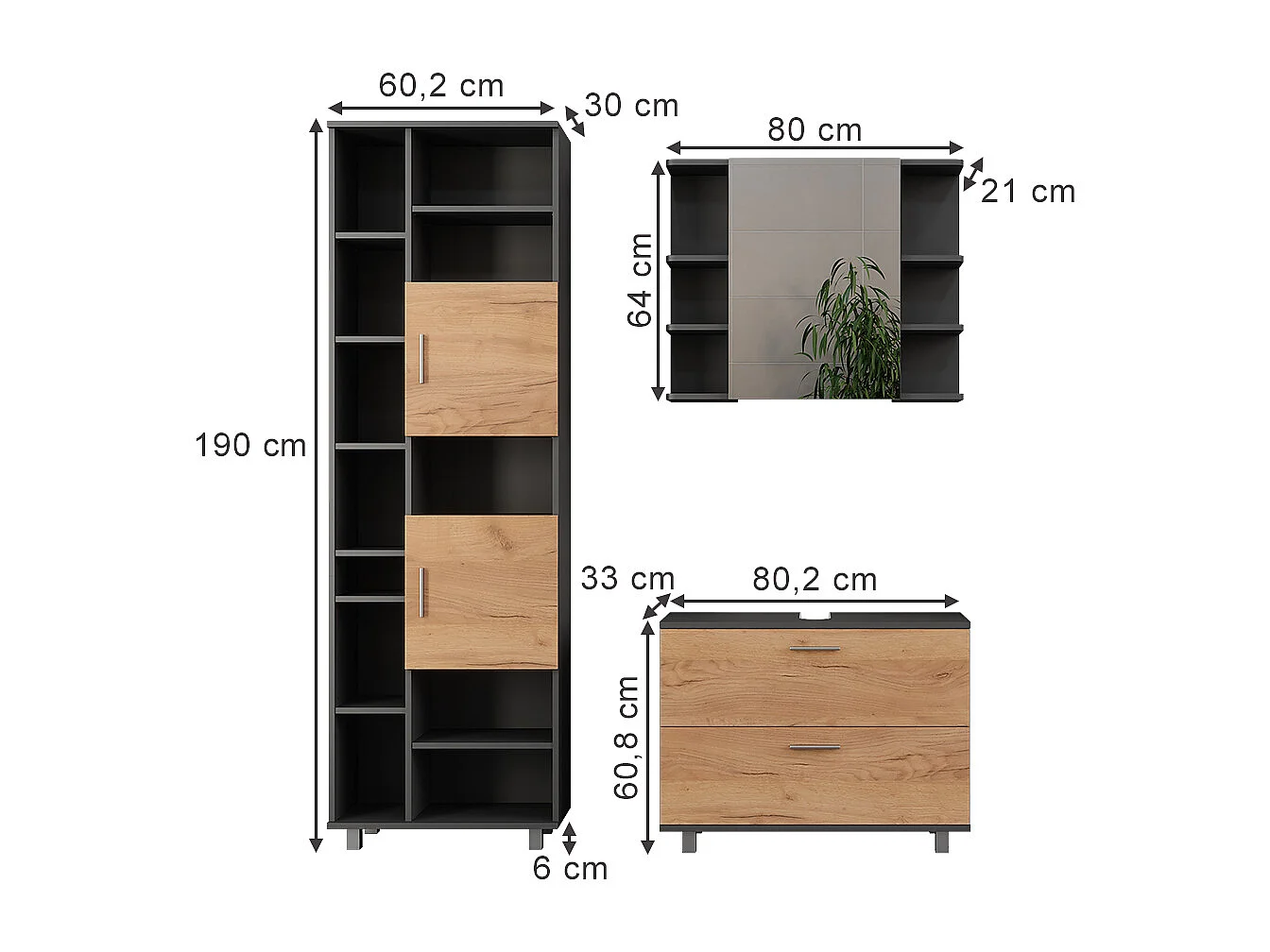 Badmöbel-Set goldkraft eiche/anthrazit 80.2x33x60.8 ilias