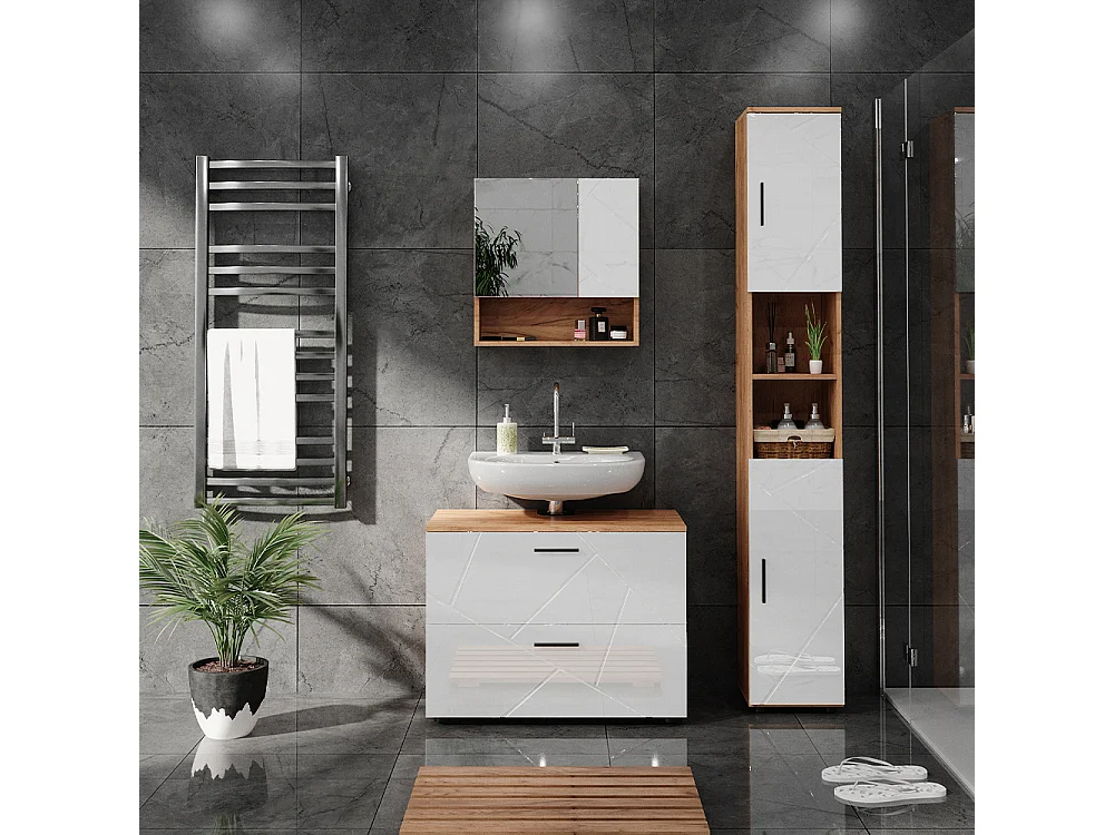 Conjunto de muebles de baño blanco brillo intenso/roble dorado 80x41x58.6 irma