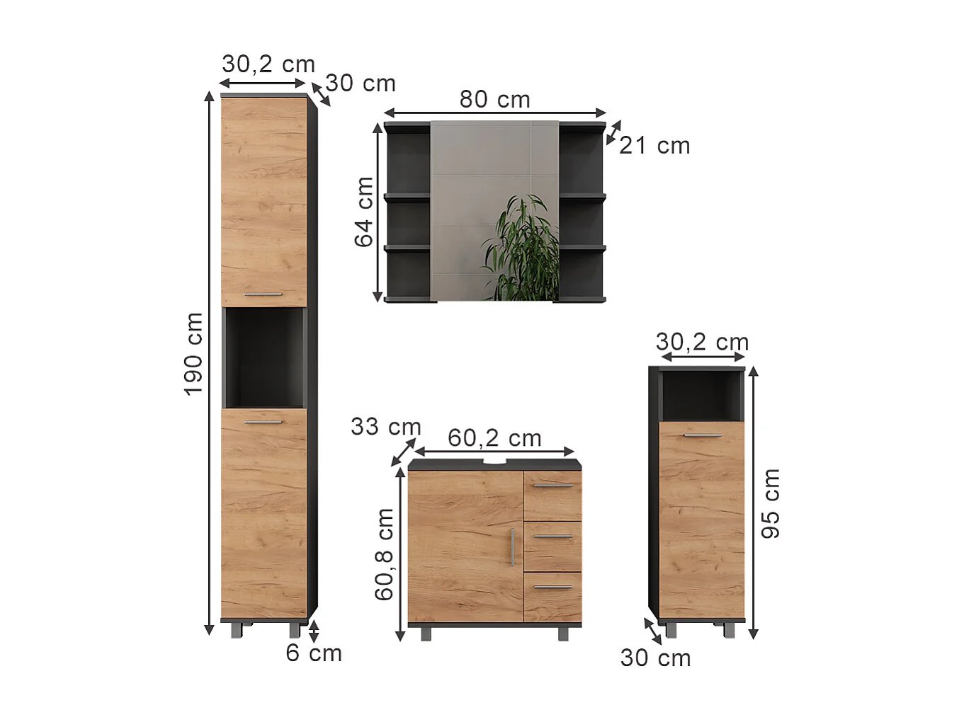 Set di mobili da bagno quercia dorata/antracite 60.2x33x60.8 ilias