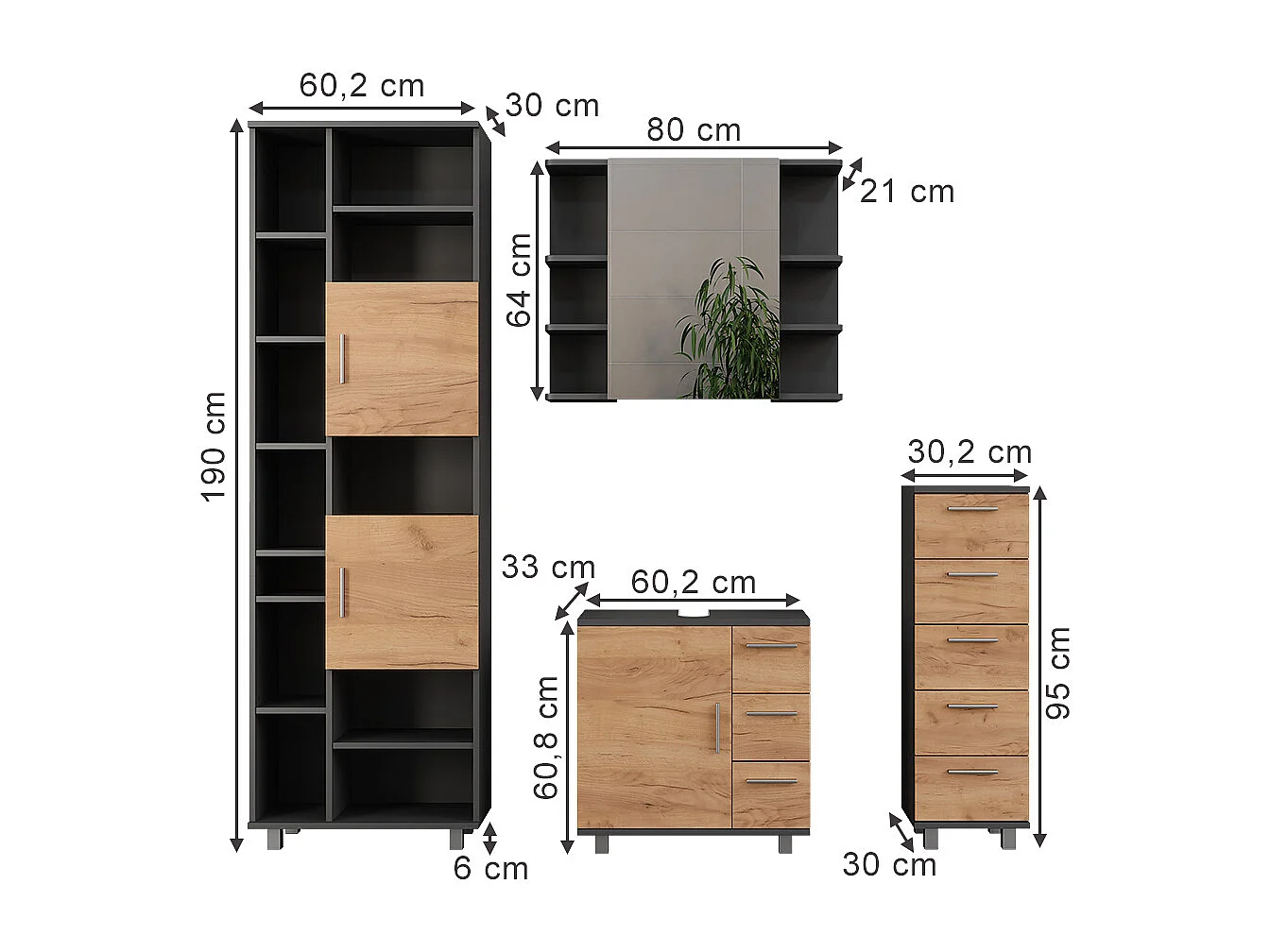 Set di mobili da bagno antracite/quercia dorata 60.2x33x60.8 ilias