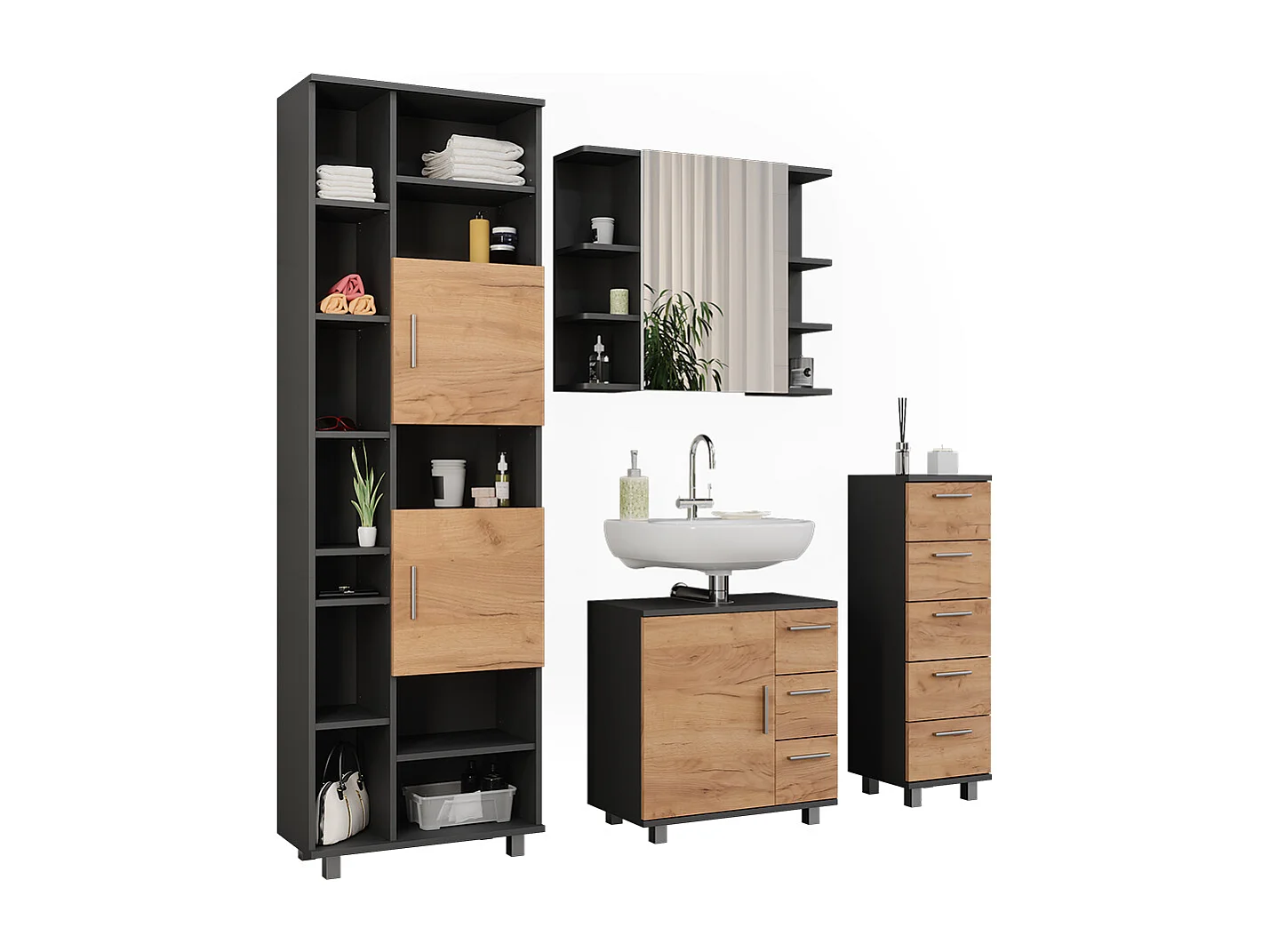 Set di mobili da bagno antracite/quercia dorata 60.2x33x60.8 ilias