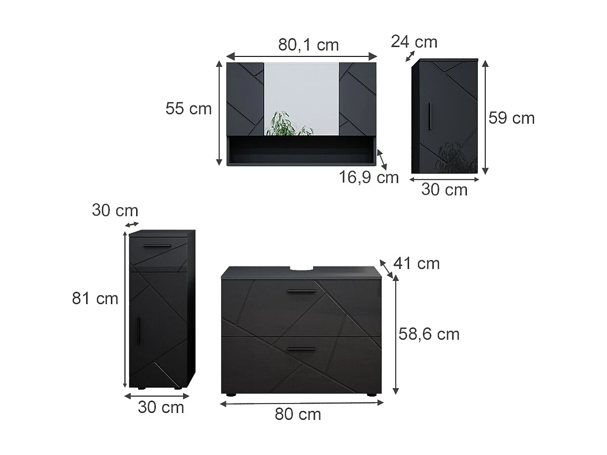 Set mobili bagno antracite lucido 80x41x58.6 irma