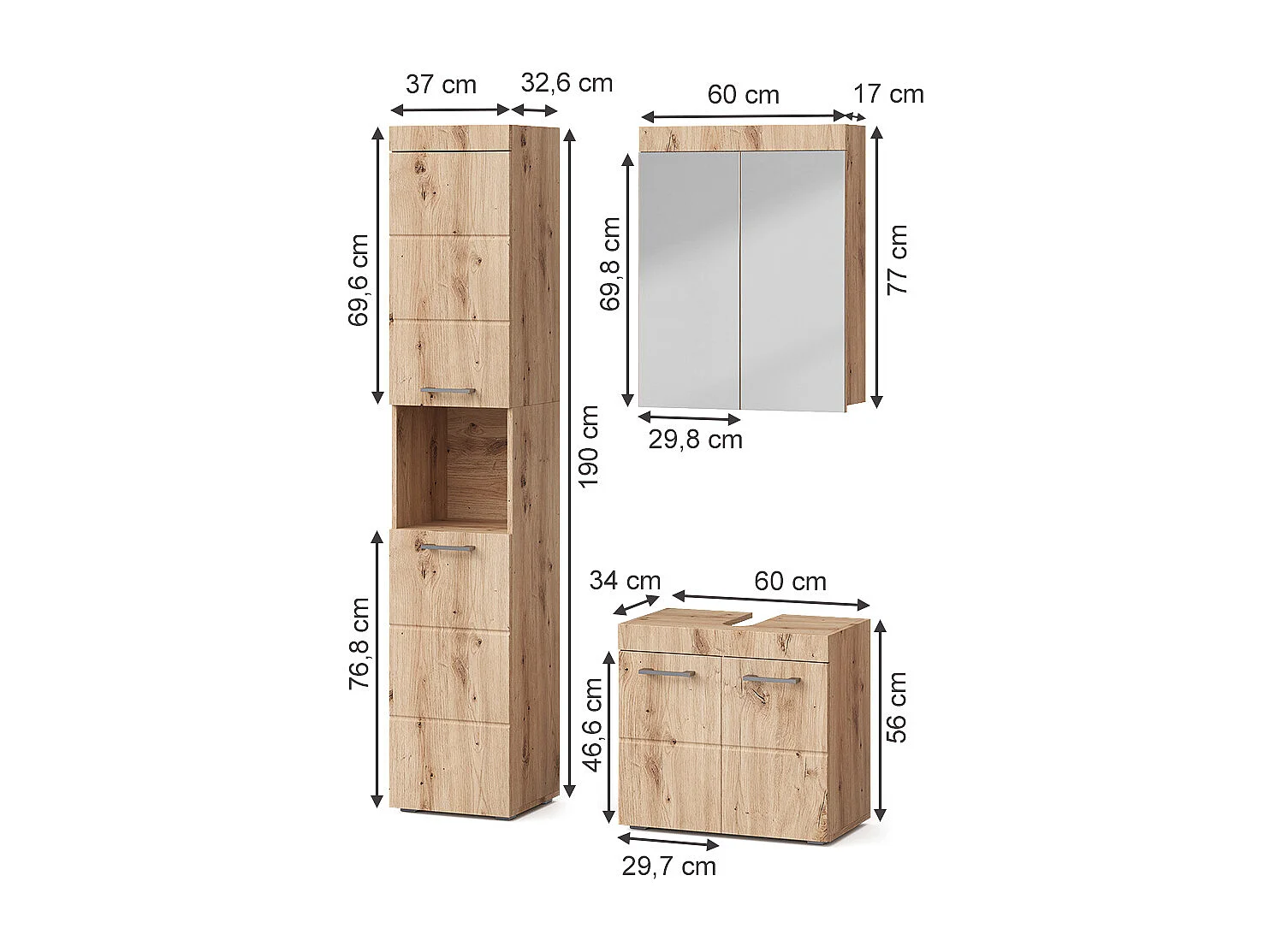Set mobili bagno quercia wotan 60x34x56 luna