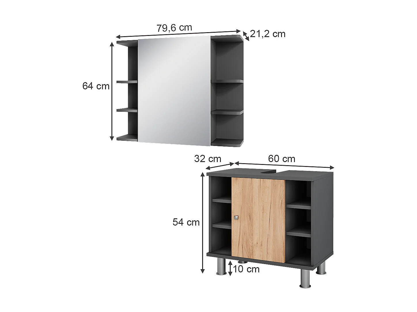 Set di mobili da bagno antracite/quercia dorata 60x32x54 fynn