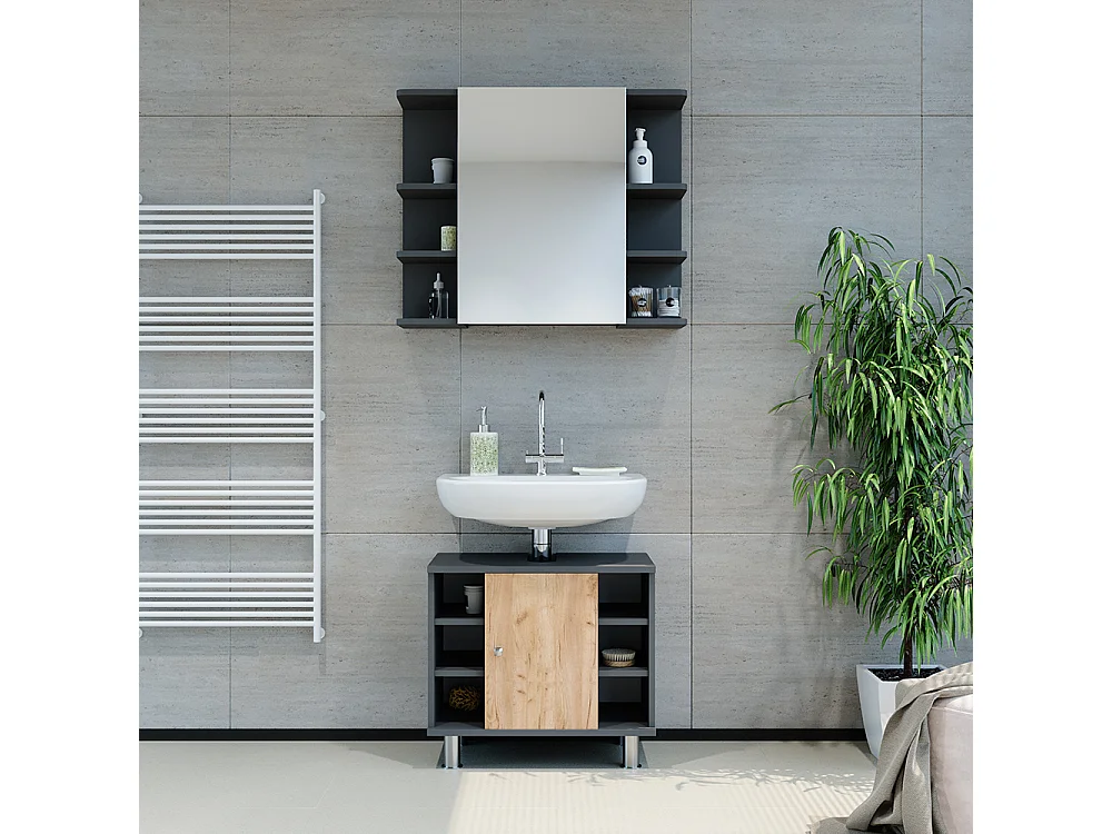 Set di mobili da bagno antracite/quercia dorata 60x32x54 fynn