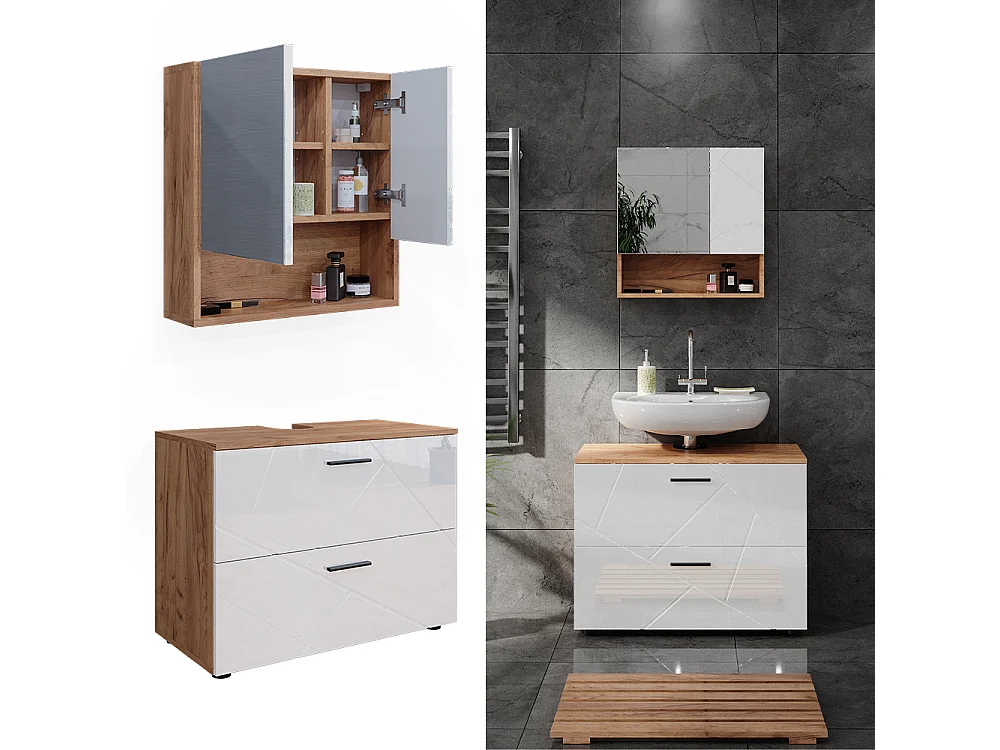 Badmöbel-Set weiß hochglanz/goldkraft eiche 80x41x58.6 irma