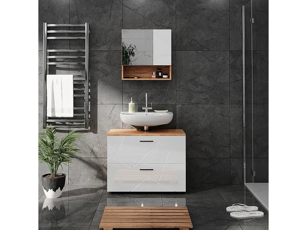 Meubles bain blanc brillant/chêne doré 80x41x58.6 irma