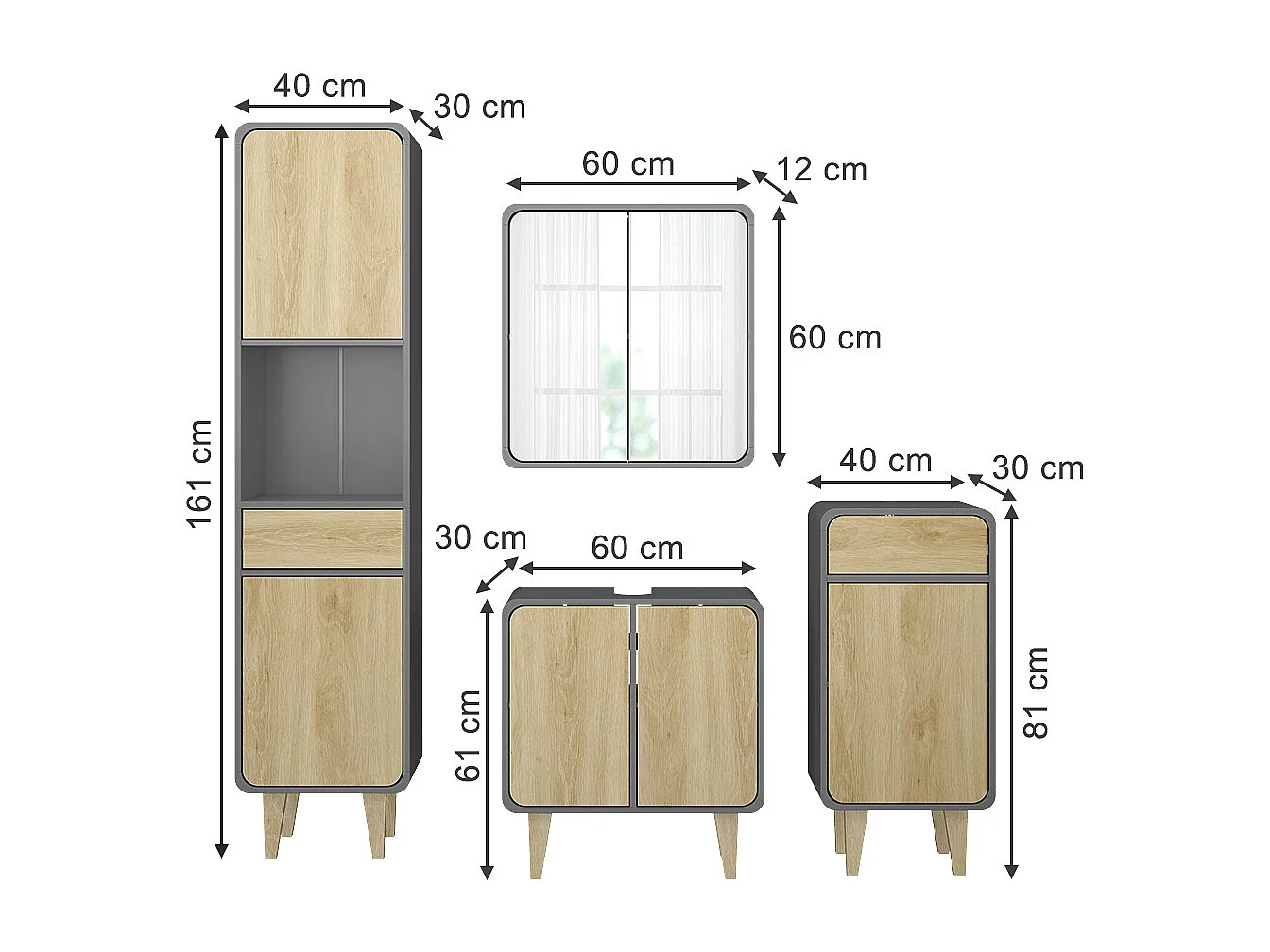 Set di mobili da bagno antracite/quercia 60x30x61 arla