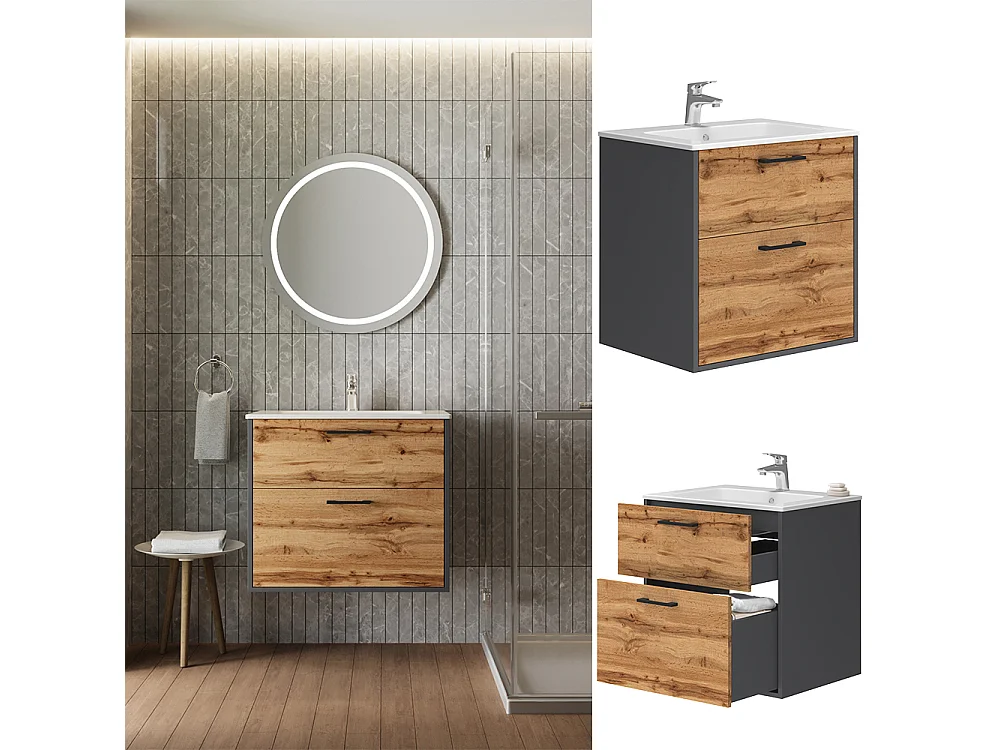 Meubles bain anthracite/chêne doré 61x46.5x61.5 lanco