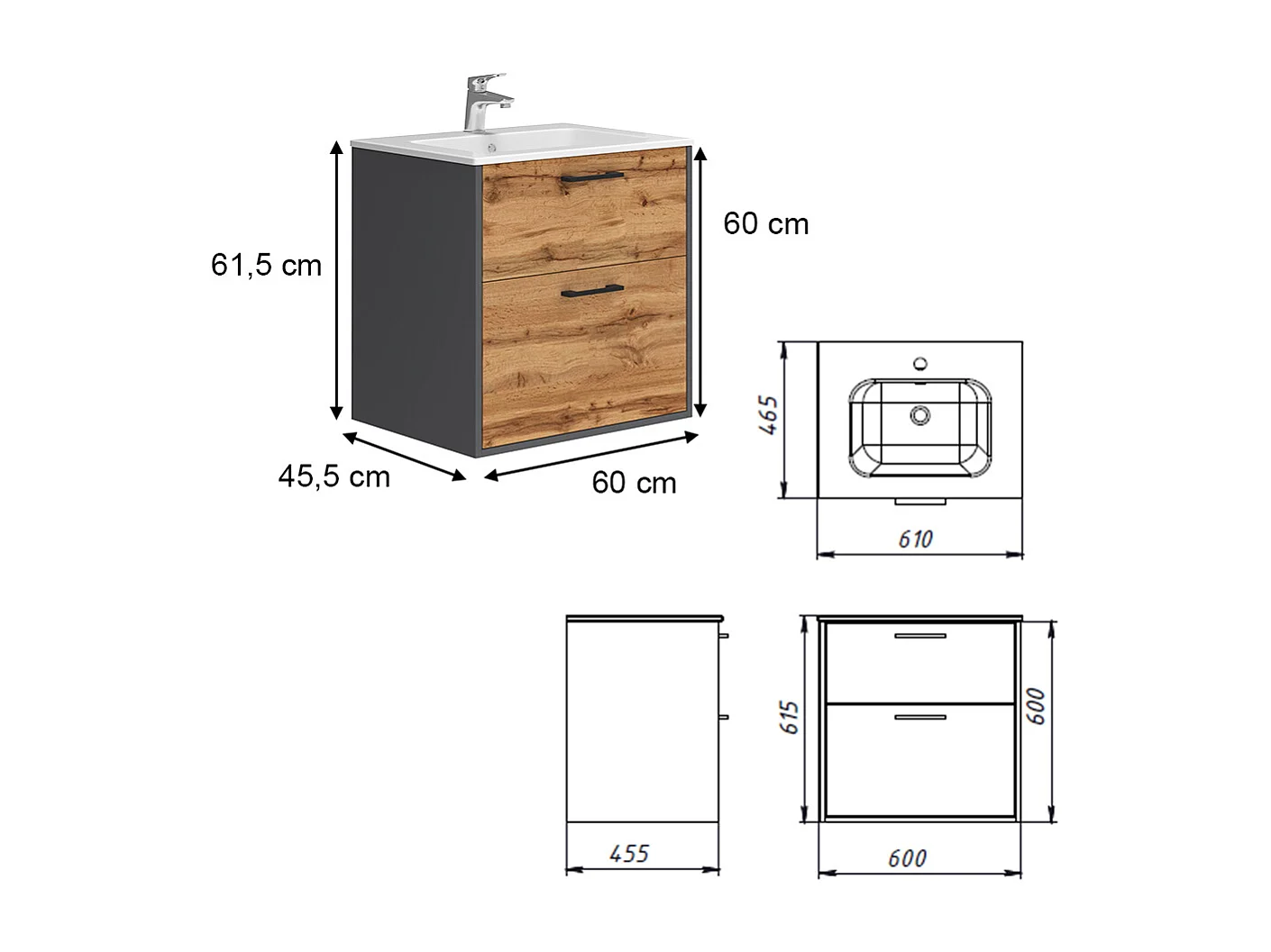Meubles bain anthracite/chêne doré 61x46.5x61.5 lanco