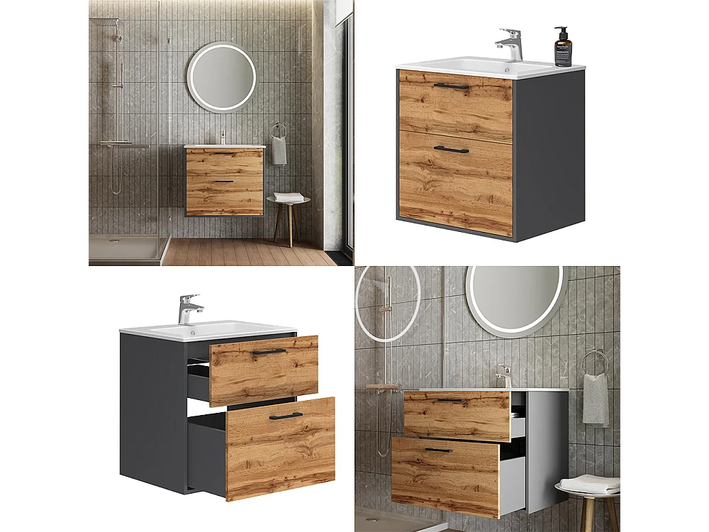 Meubles bain anthracite/chêne doré 61x46.5x61.5 lanco