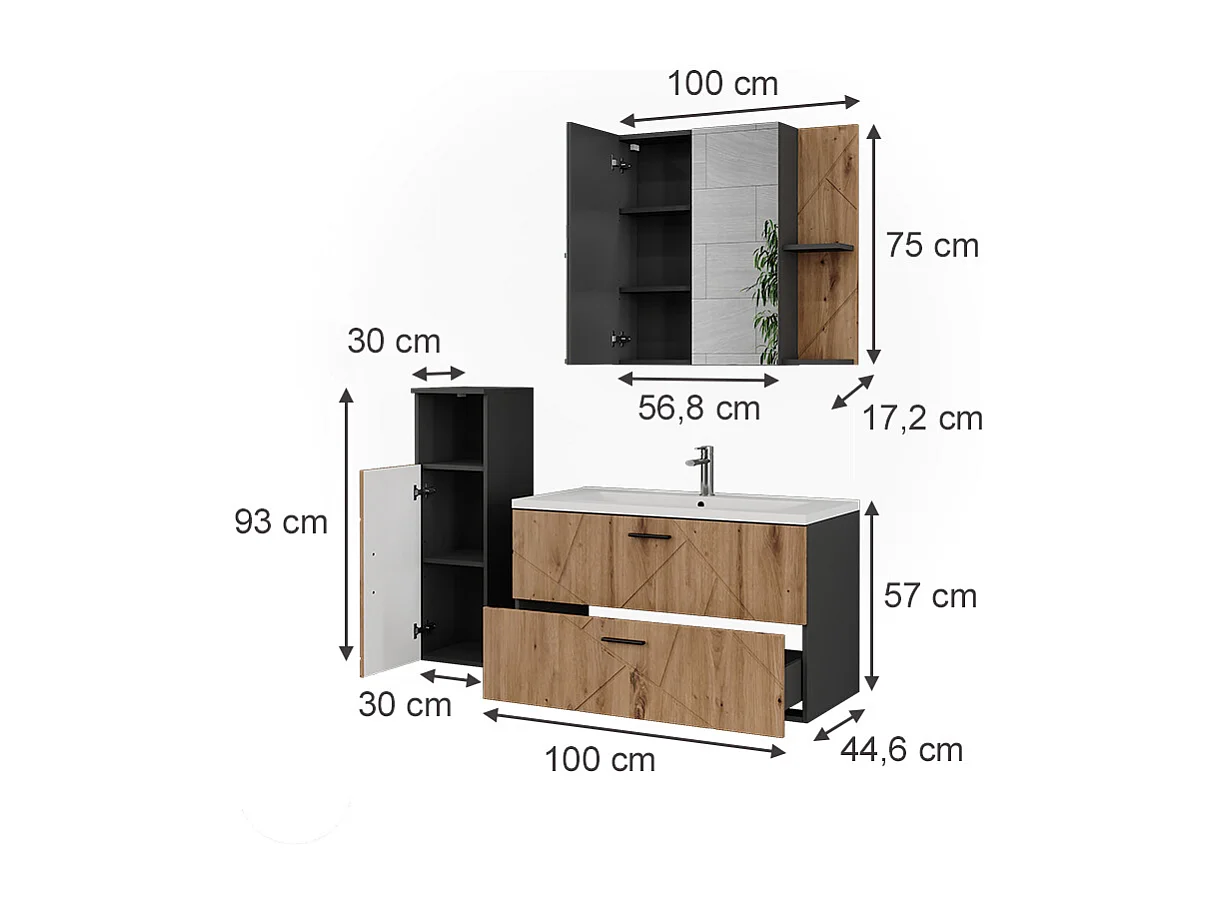 Ensemble de meubles de salle de bains anthracite/artisan 100x44.6x57 irma