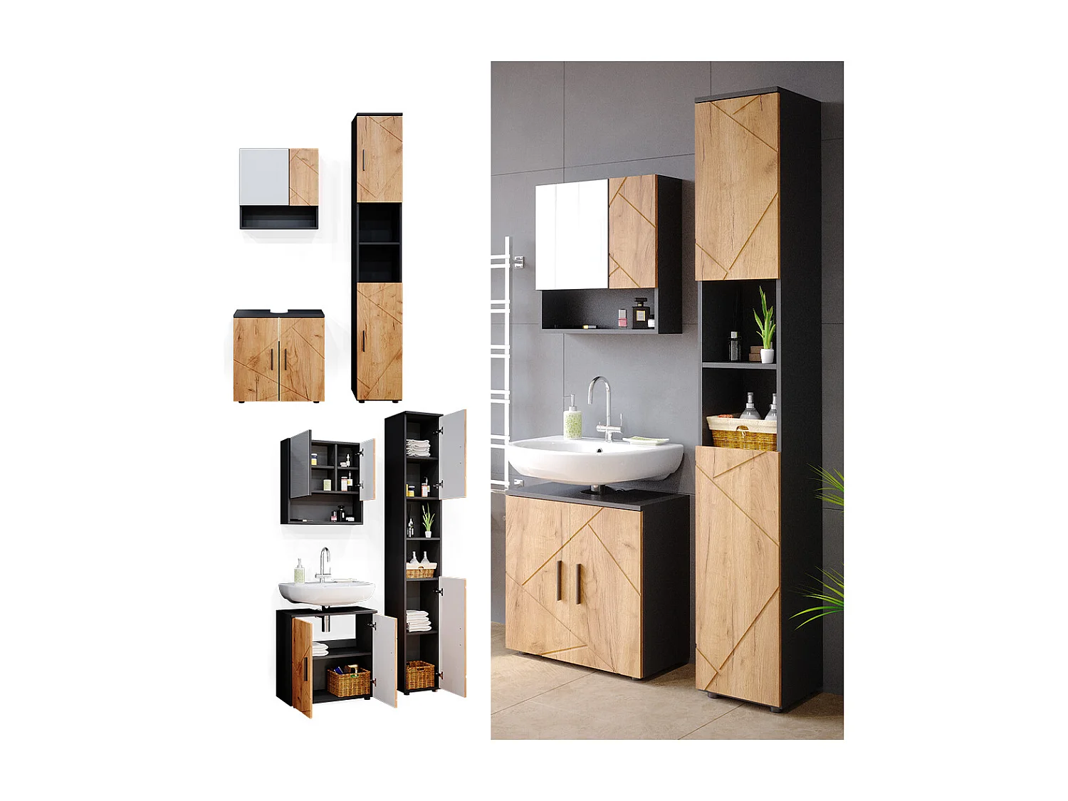 Conjunto de muebles de baño oro power roble/antracita 80x41x58.6 irma