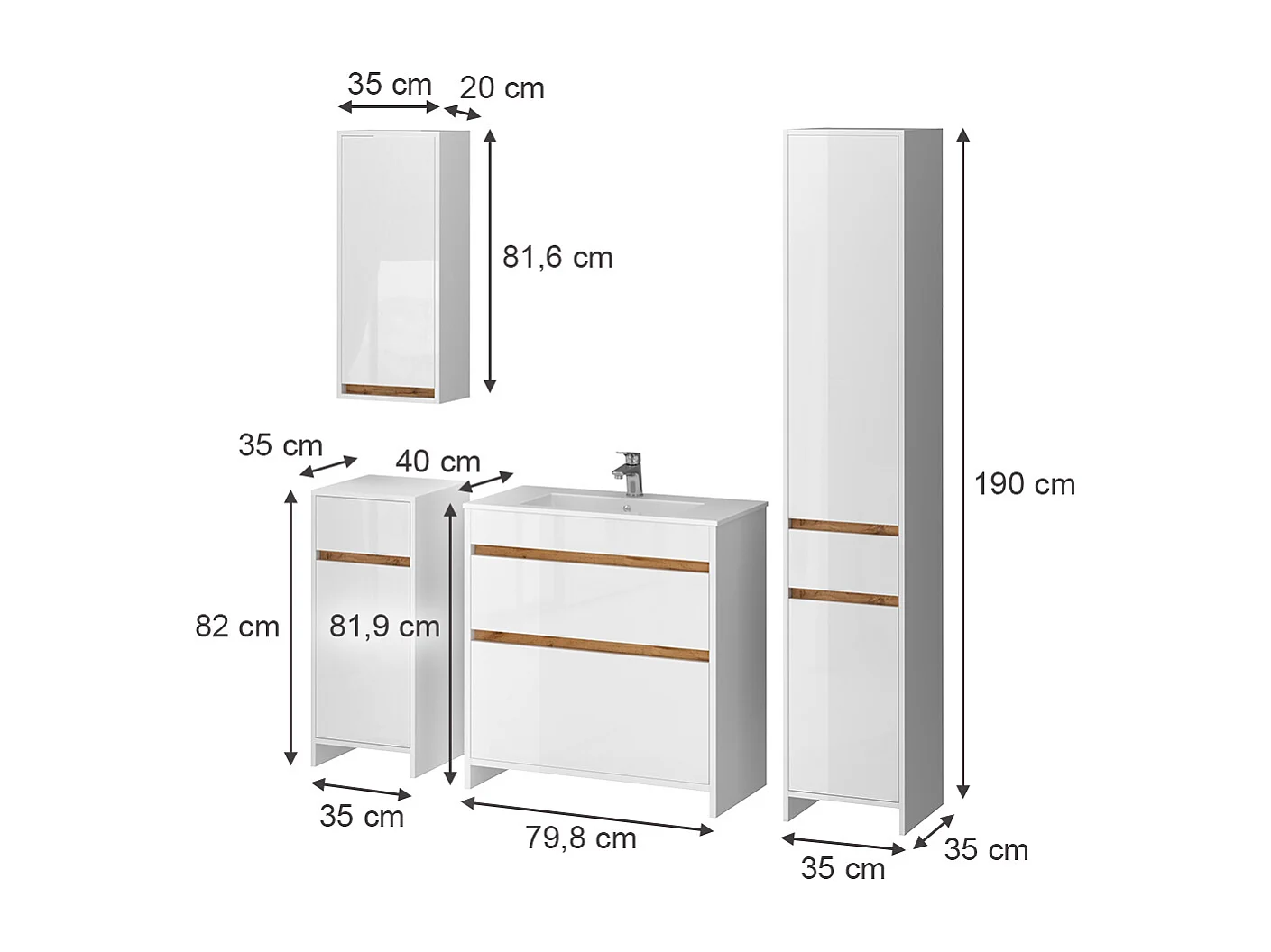 Badmöbel-Set weiß hochglanz/goldkraft eiche 79.8x40x81.9 detmold
