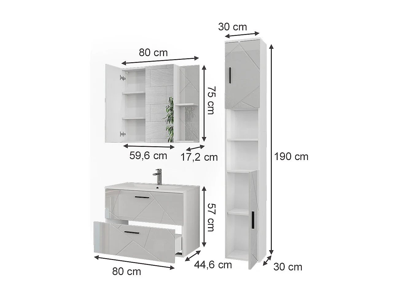 Badmöbel-Set weiß/weiß hochglanz 80x44.6x57 irma
