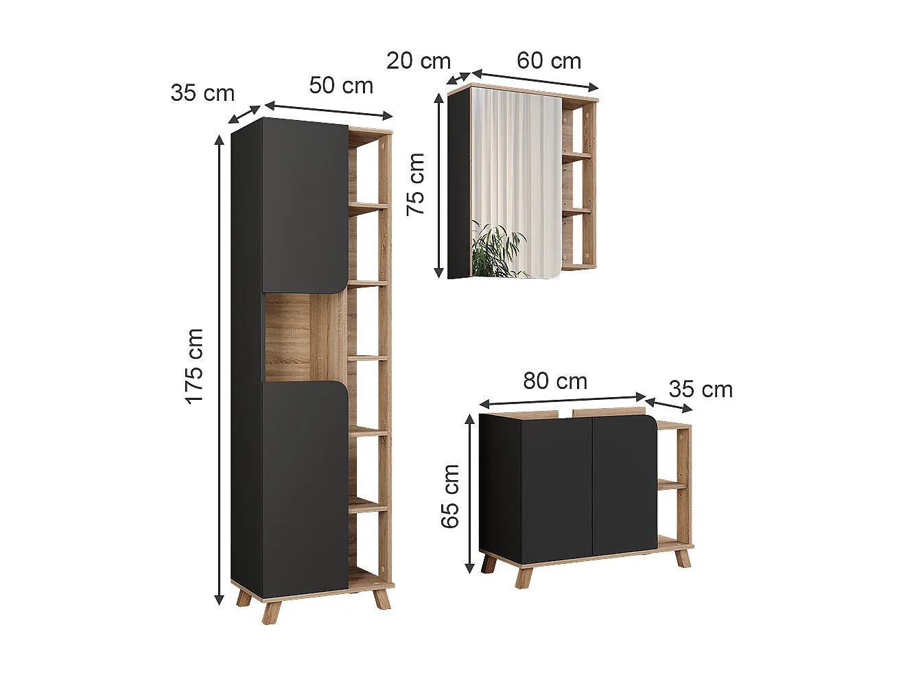 Badmöbel-Set sonoma/anthrazit 80x35x65 karen
