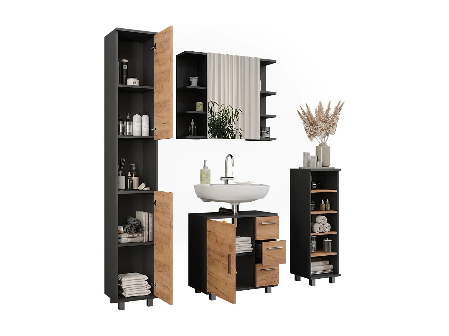 Set di mobili da bagno antracite/quercia dorata 60.2x33x60.8 ilias