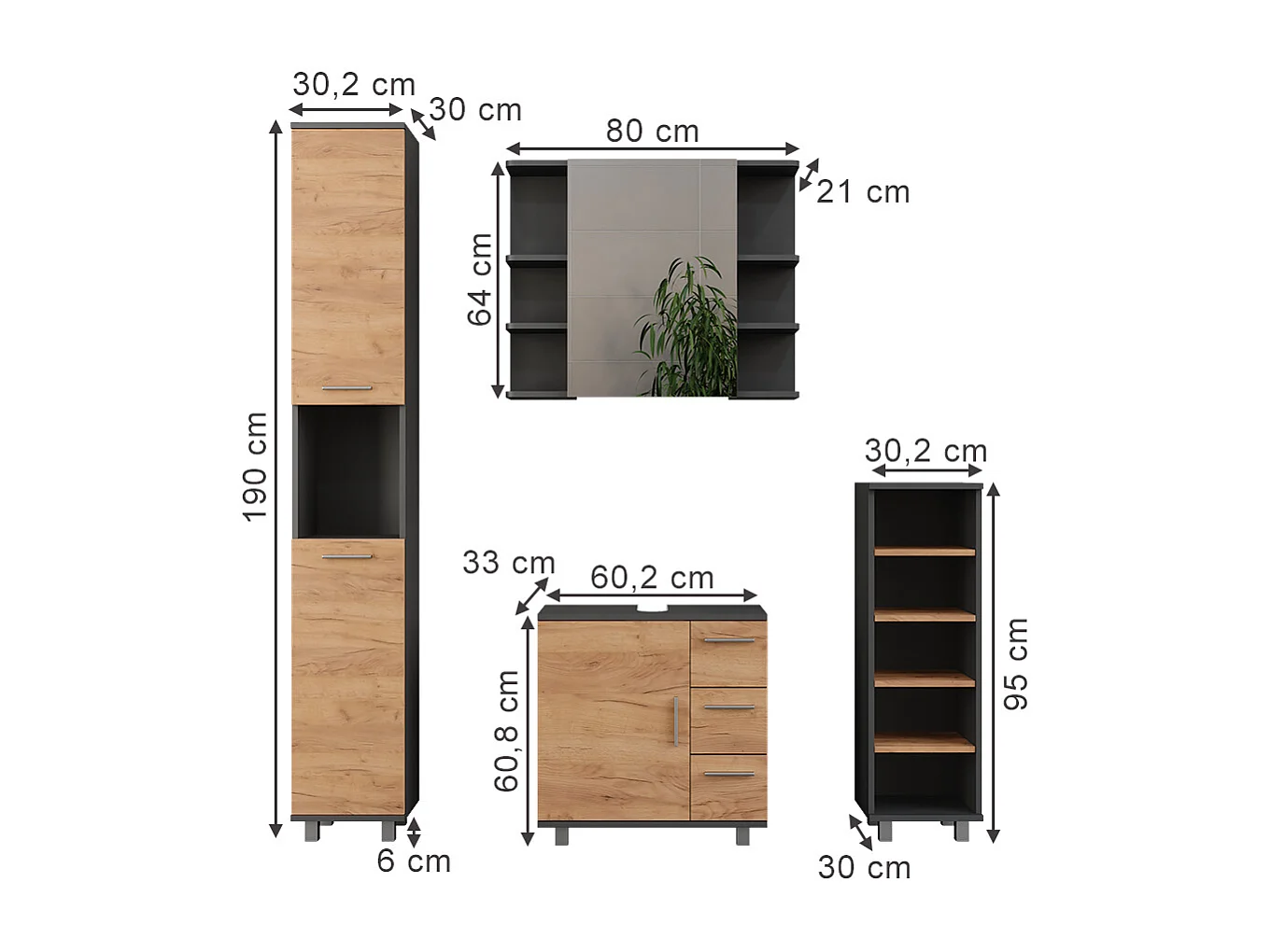 Meubles bain anthracite/chêne doré 60.2x33x60.8 ilias