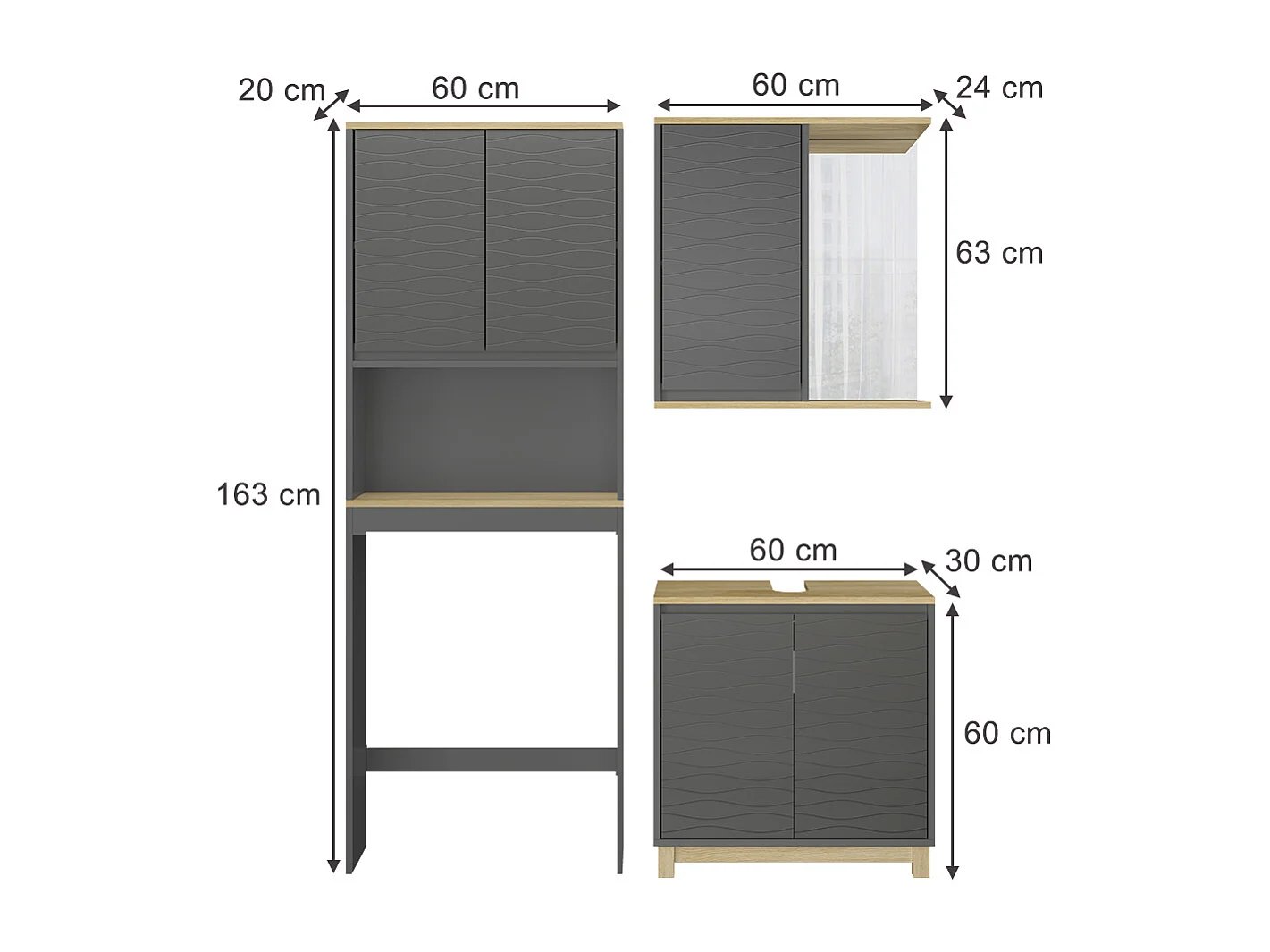 Set di mobili da bagno antracite/quercia 60x30x60 livia