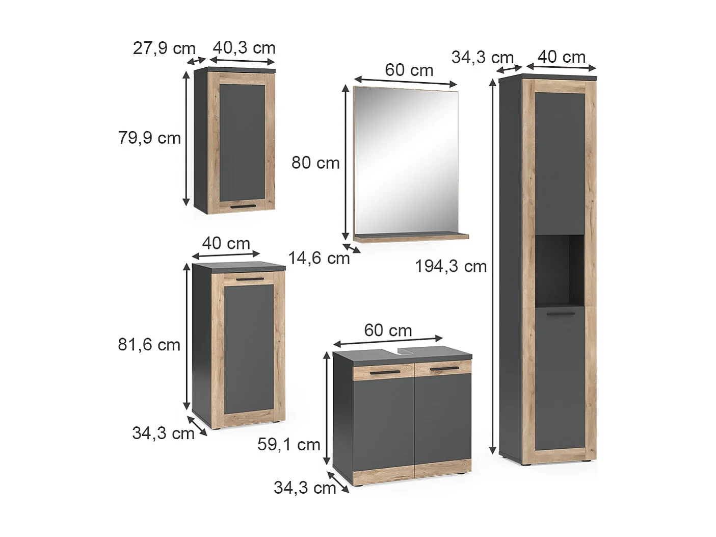 Badkamermeubelset antraciet 60x34.3x59.1 niko
