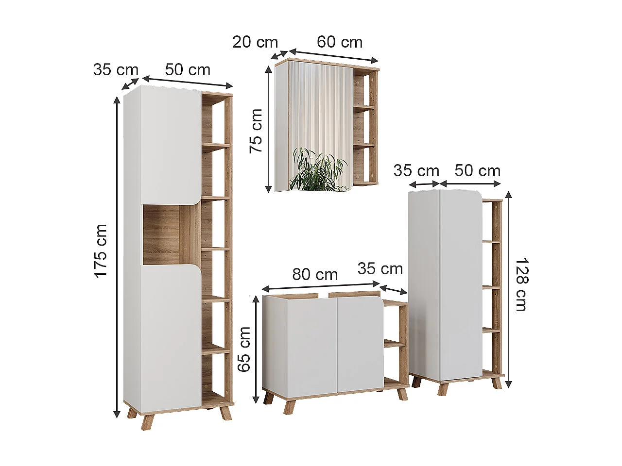 Ensemble de meubles de salle de bains sonoma/blanc 80x35x65 karen