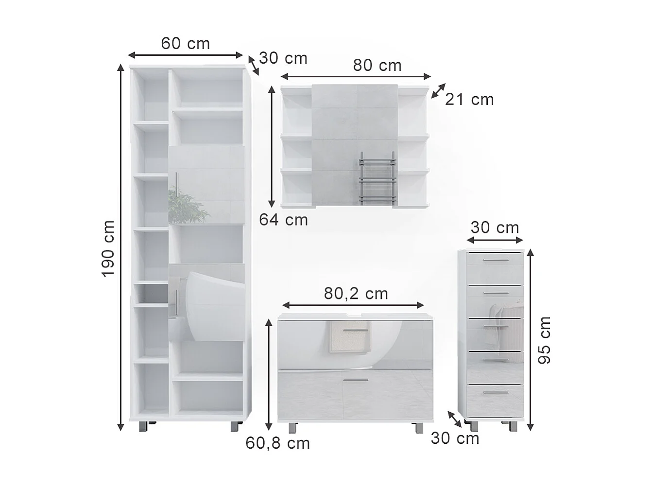 Set di mobili da bagno bianco lucido 80.2x33x60.8 ilias