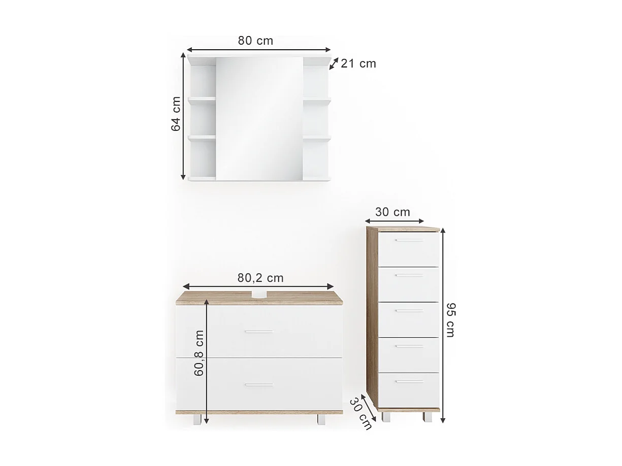 Set mobili bagno bianco/sonoma 80x33x60 ilias