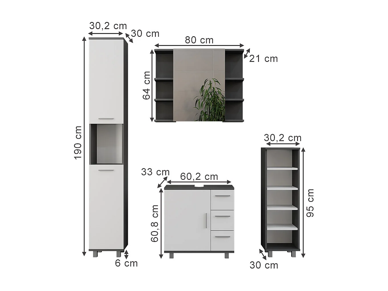 Set di mobili da bagno antracite/bianco 60.2x33x60.8 ilias
