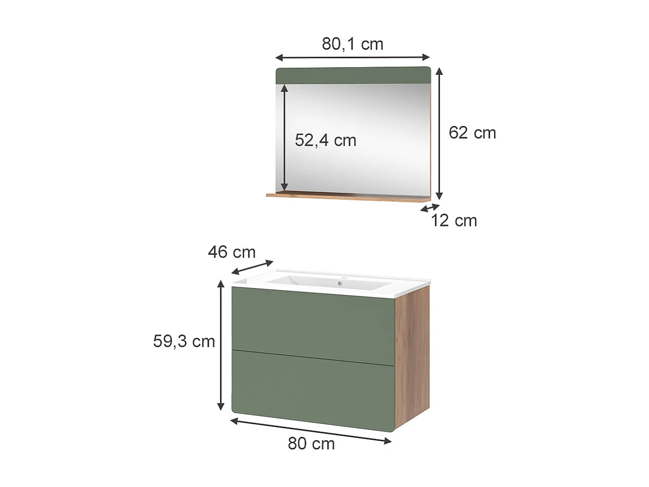 Meubles bain force dor chêne/vert 80x46x59.3 izan