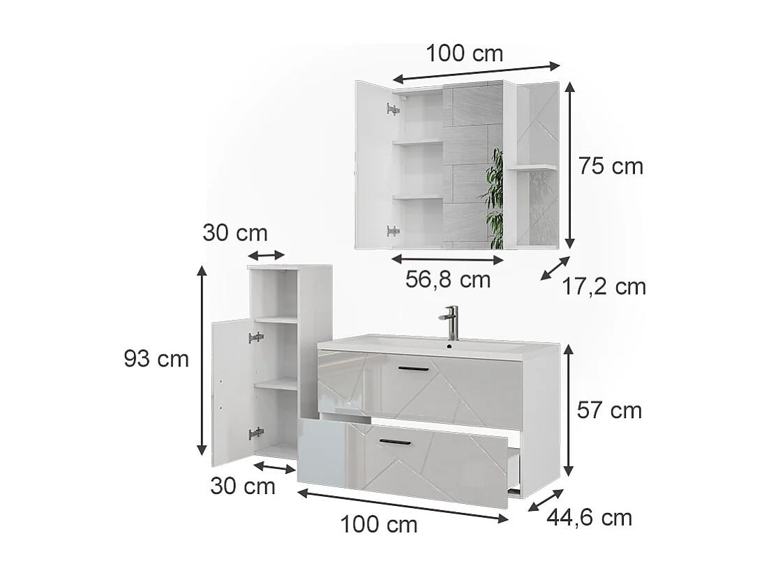 Ensemble de meubles de salle de bains blanc/blanc brillant 100x46x57 irma