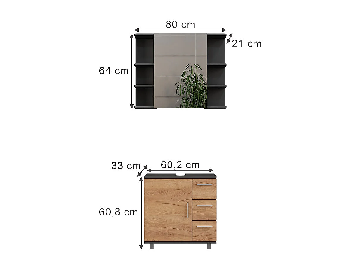 Set di mobili da bagno antracite/quercia dorata 60.2x33x60.8 ilias