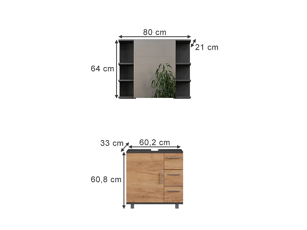 Ensemble de meubles de salle de bains anthracite/chêne doré 60.2x33x60.8 ilias