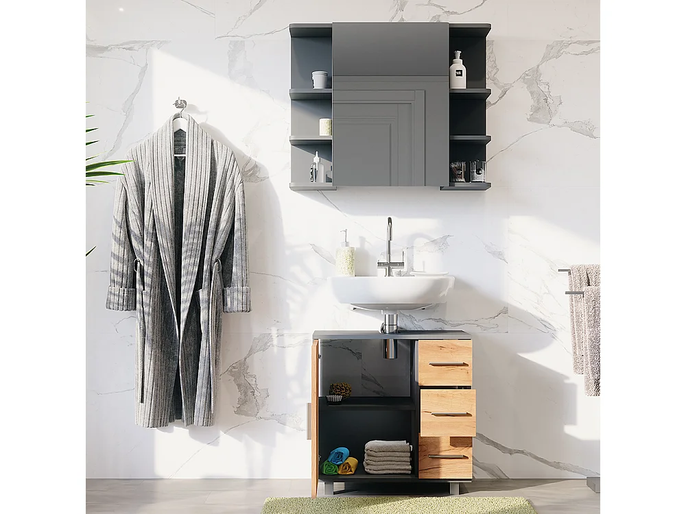 Ensemble de meubles de salle de bains anthracite/chêne doré 60.2x33x60.8 ilias
