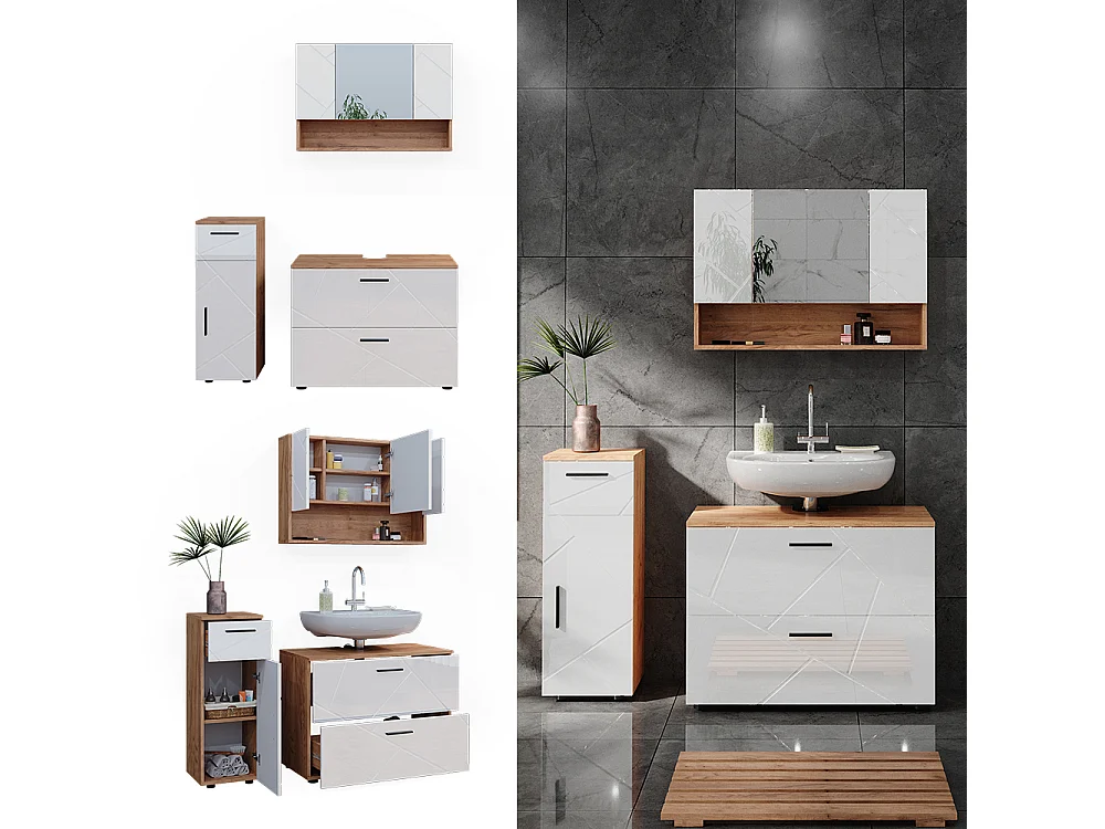 Conjunto de muebles de baño blanco brillo intenso/roble dorado 80x41x58.6 irma