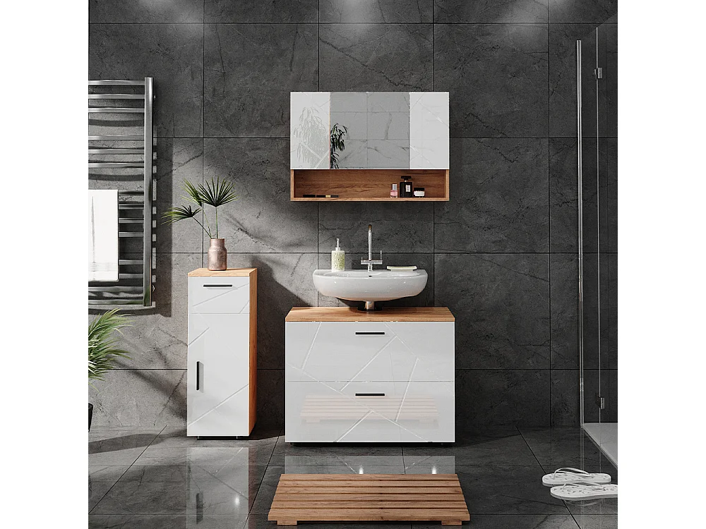 Conjunto de muebles de baño blanco brillo intenso/roble dorado 80x41x58.6 irma