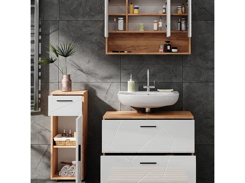 Conjunto de muebles de baño blanco brillo intenso/roble dorado 80x41x58.6 irma