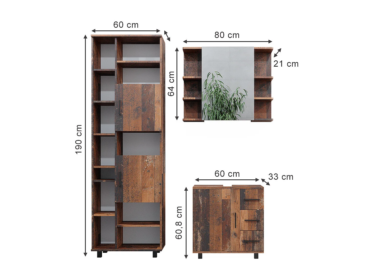 Meubles bain chêne rustique 60x33x60.8 ilias