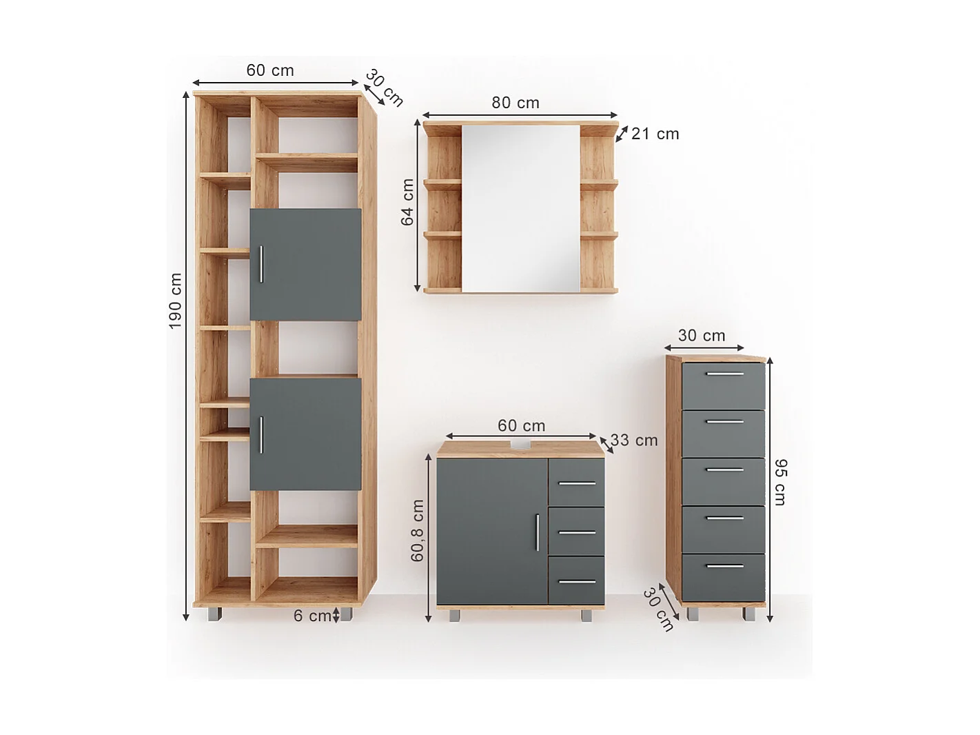 Set mobili bagno rovere 60x33x60 ilias
